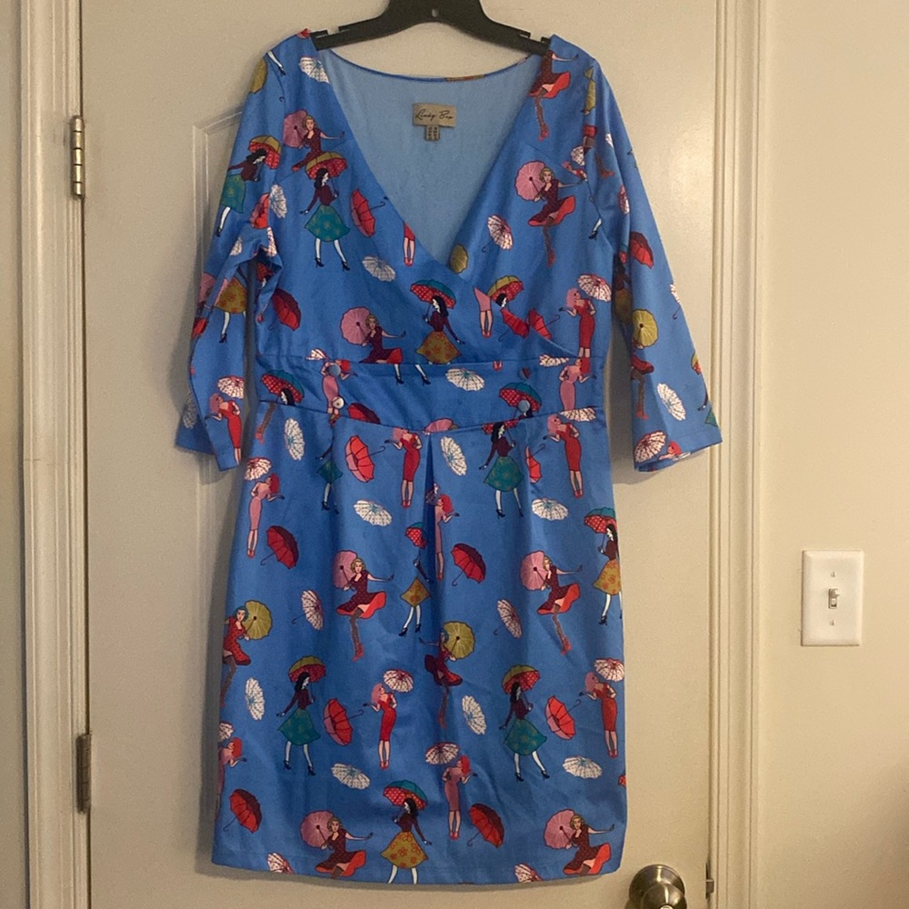 Lindy Bop Blue Dress with Colorful Umbrella Print